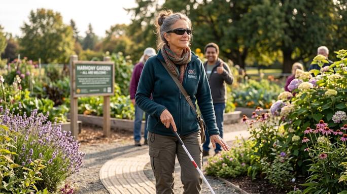 Woman in a public garden using a white cane for navigation.  Behind her is a sign indicating that it is a harmony garden in which 'all are welcome'.  She looks happy.